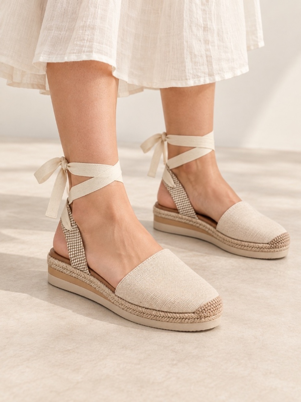 Natural Linen Espadrille Platform Ankle Tie Sandals Size 9M Vince Camuto
